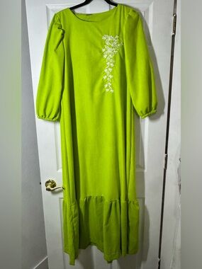 Lime Green Maxi Dress with White Floral Embroidery